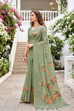 Thumbnail for Sangam Prints Green Cotton Print Woven Work Traditional Saree - Dista