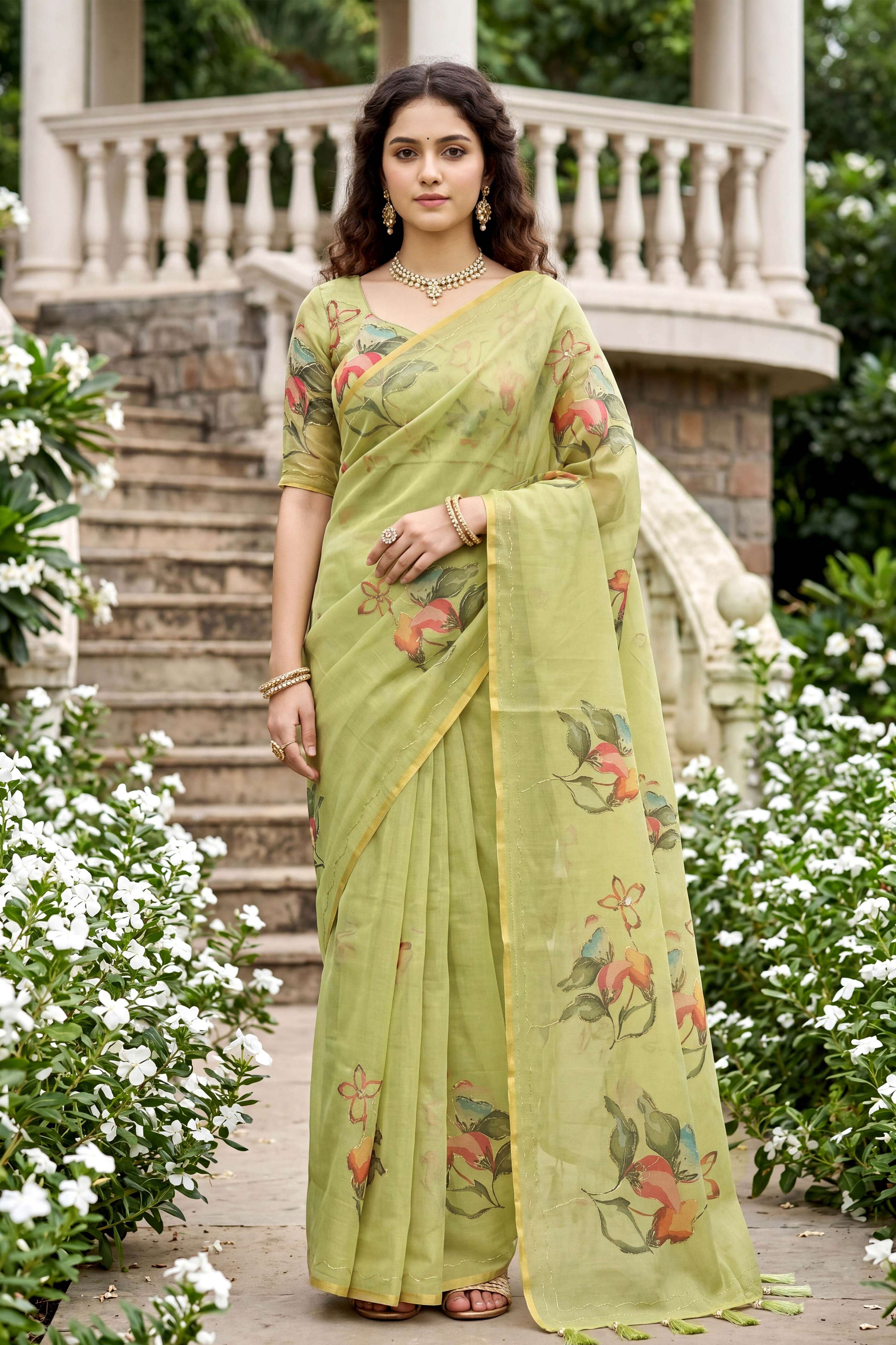Sangam Prints Pista Green Cotton Print Woven Work Traditional Saree - Dista