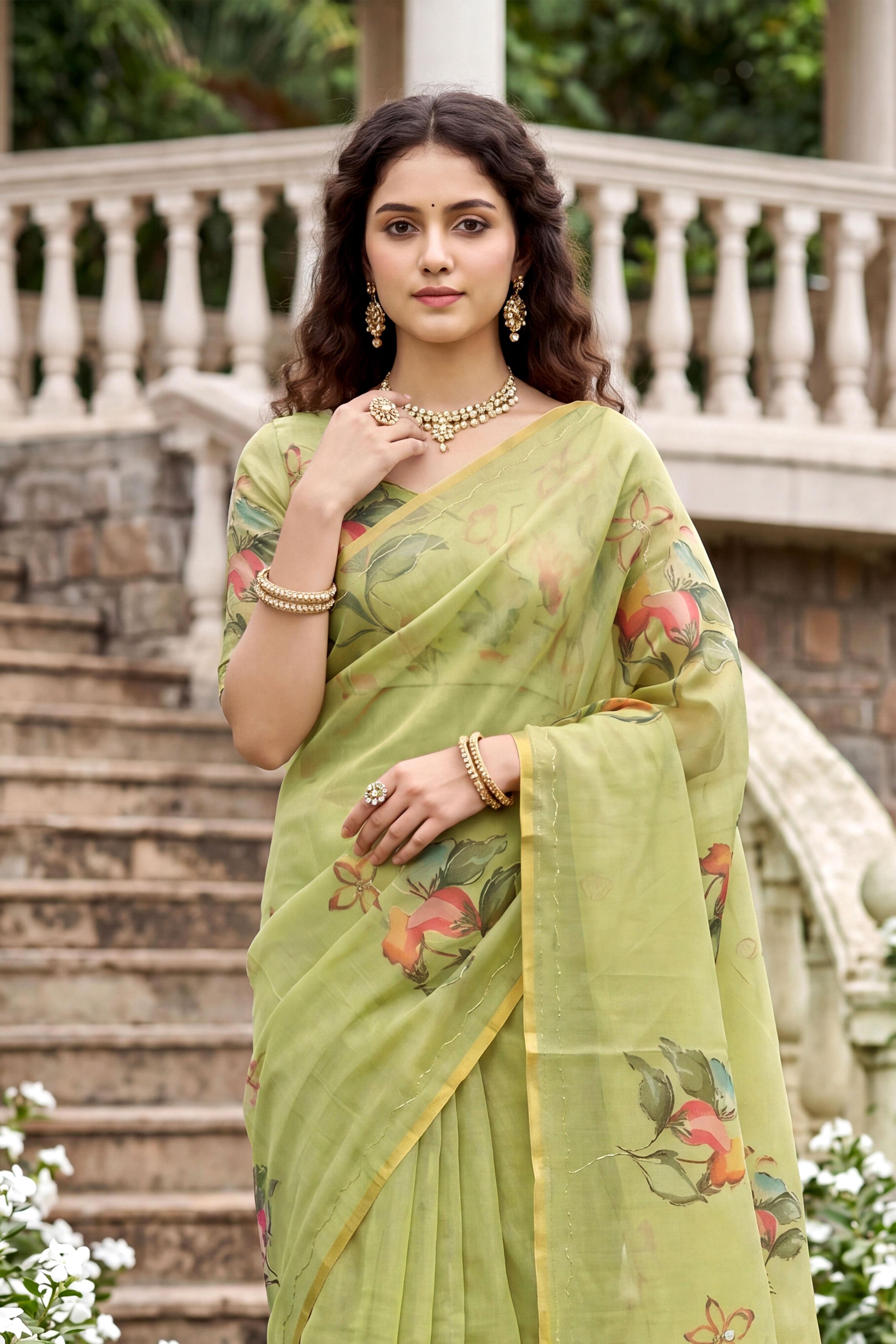 Sangam Prints Pista Green Cotton Print Woven Work Traditional Saree - Dista