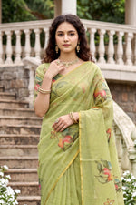 Thumbnail for Sangam Prints Pista Green Cotton Print Woven Work Traditional Saree - Dista