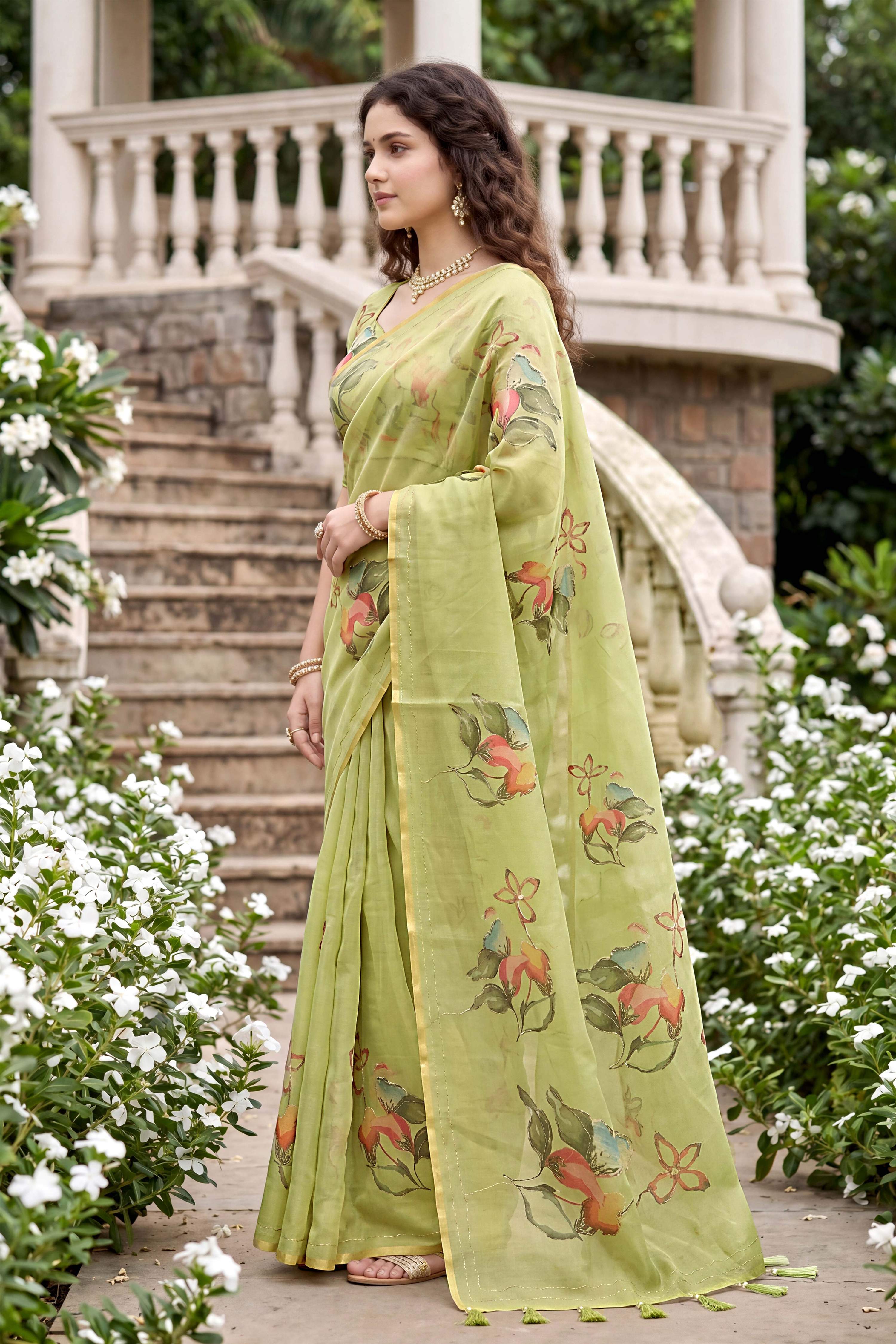 Sangam Prints Pista Green Cotton Print Woven Work Traditional Saree - Dista