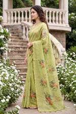 Thumbnail for Sangam Prints Pista Green Cotton Print Woven Work Traditional Saree - Dista