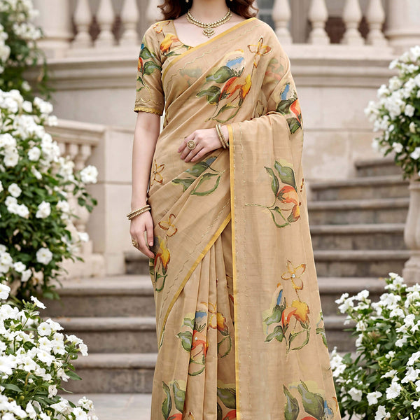 Sangam Prints Beige Cotton Print Woven Work Traditional Saree - Dista