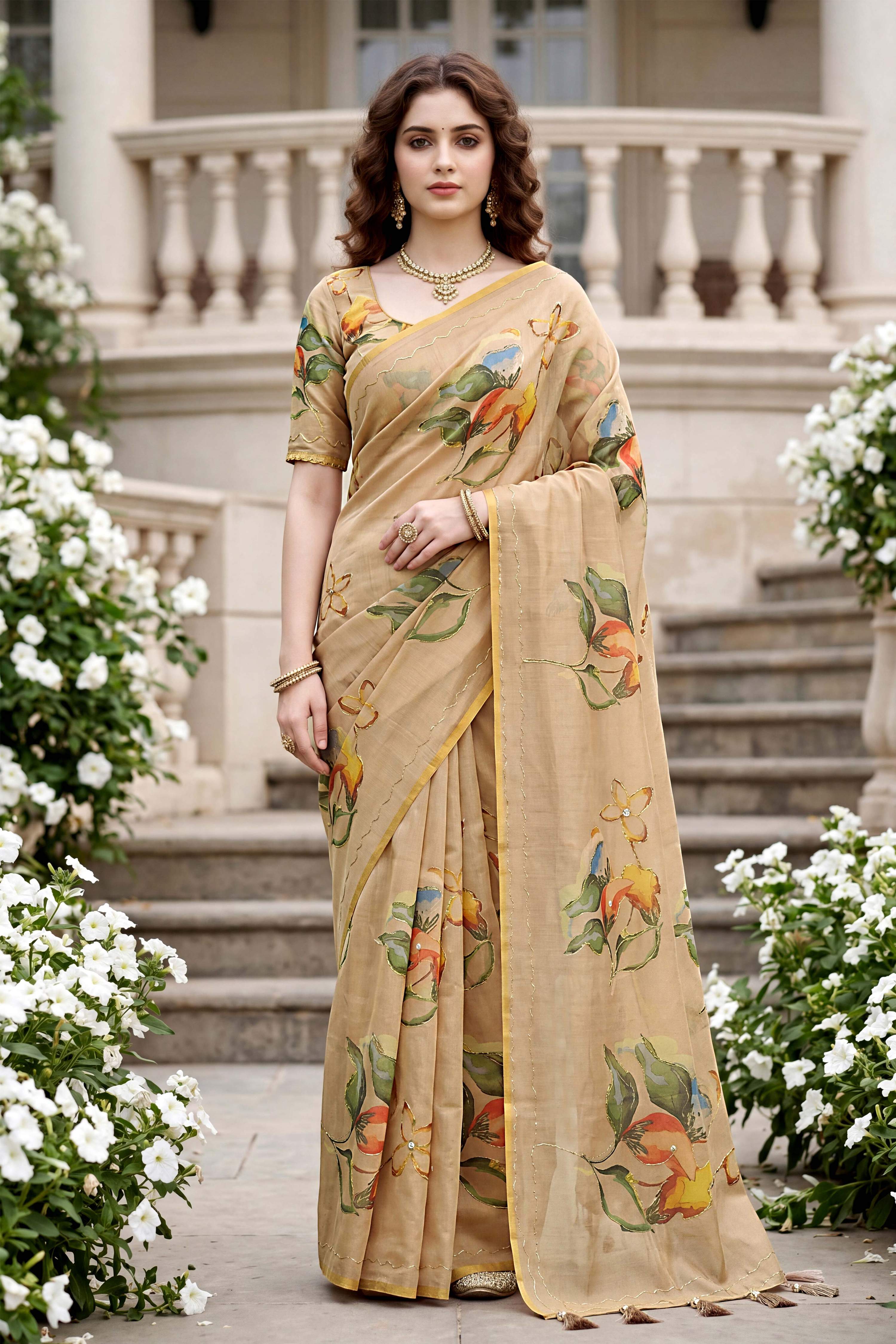 Sangam Prints Beige Cotton Print Woven Work Traditional Saree - Dista