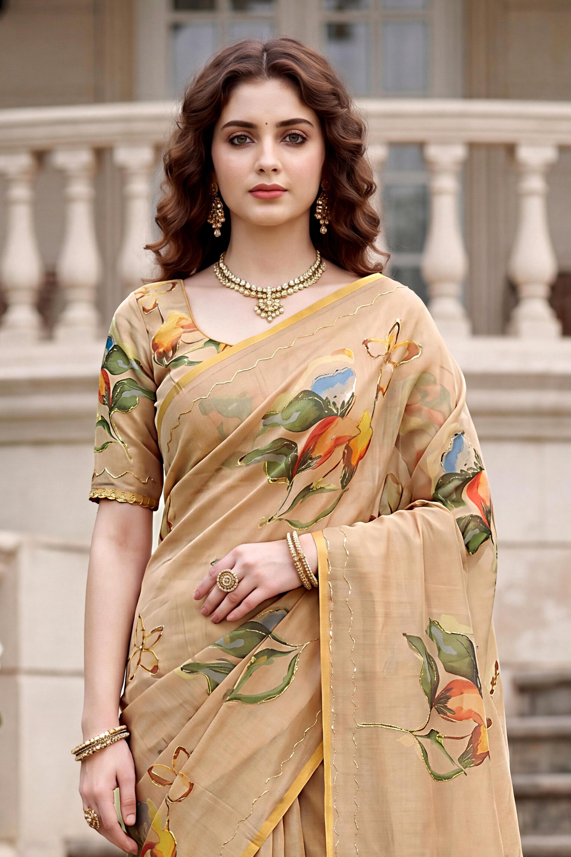 Sangam Prints Beige Cotton Print Woven Work Traditional Saree - Dista