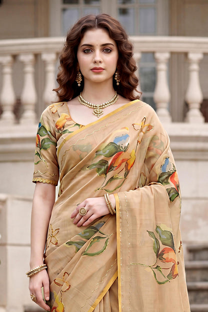 Sangam Prints Beige Cotton Print Woven Work Traditional Saree - Dista