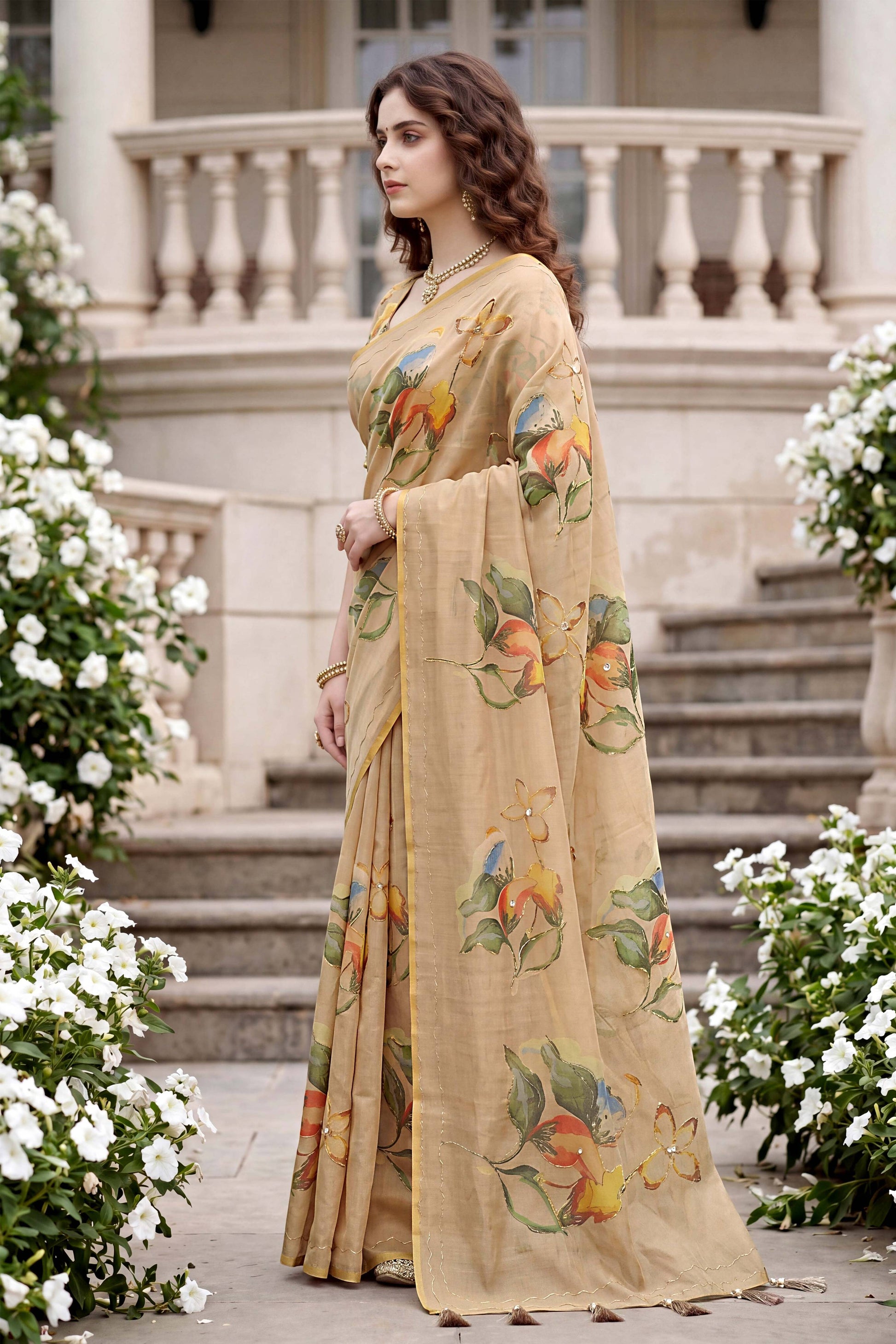 Sangam Prints Beige Cotton Print Woven Work Traditional Saree - Dista