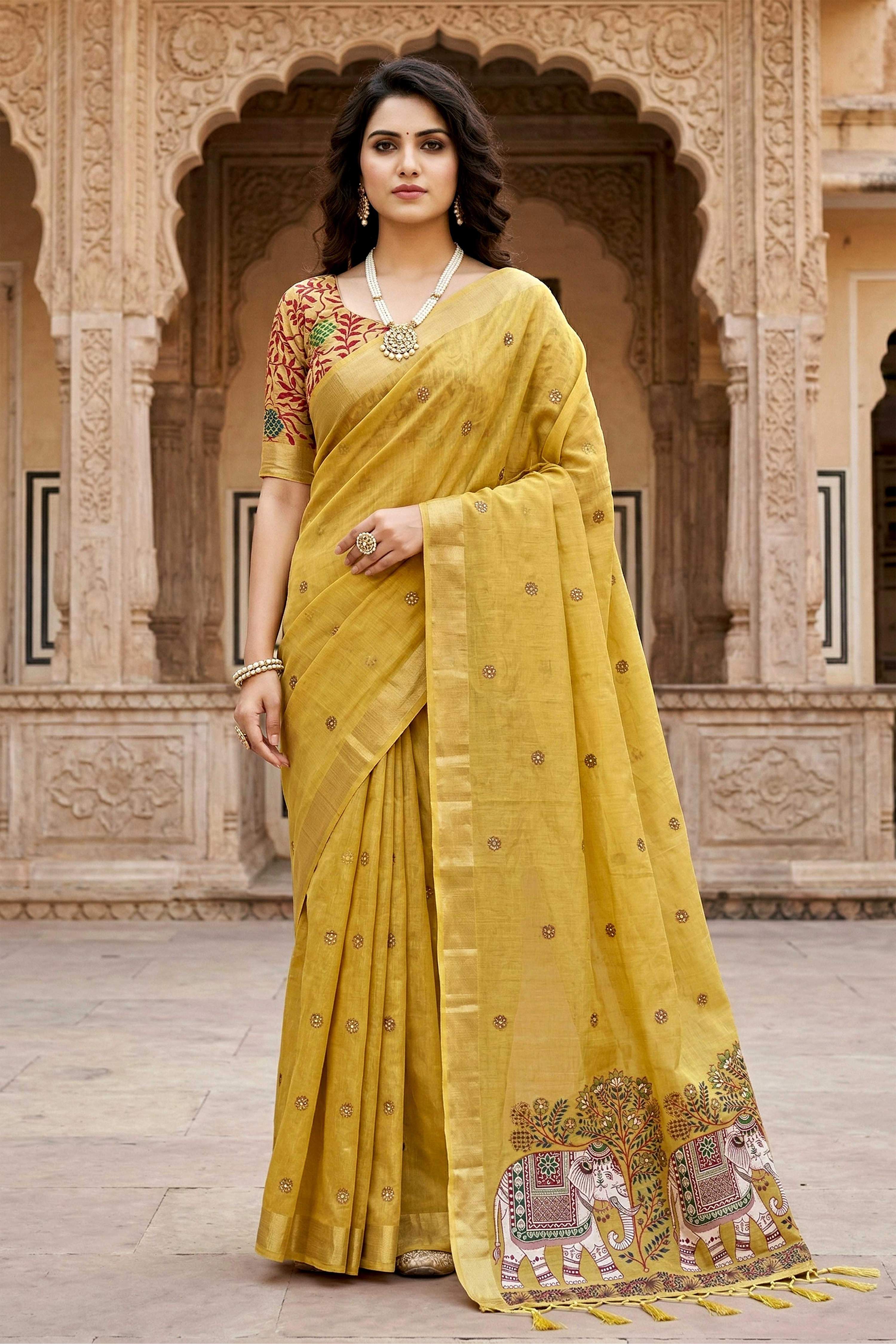 Sangam Prints Yellow Cotton Print Woven Work Traditional Saree - Dista