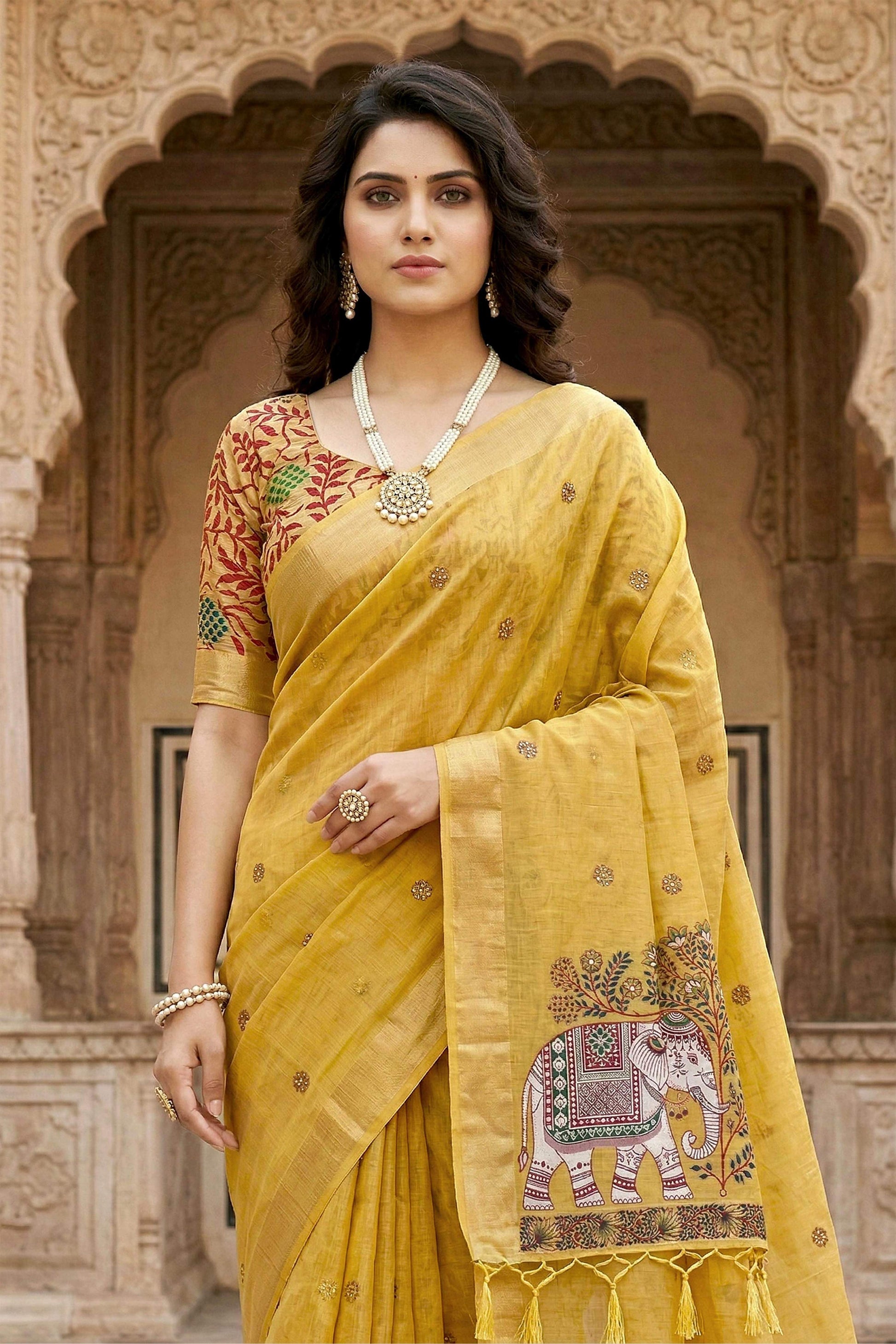 Sangam Prints Yellow Cotton Print Woven Work Traditional Saree - Dista