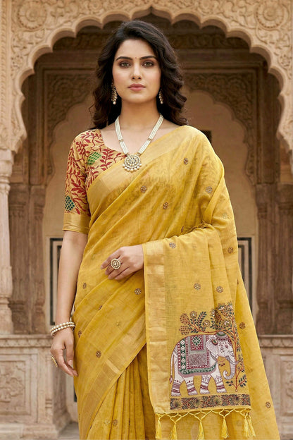 Sangam Prints Yellow Cotton Print Woven Work Traditional Saree - Dista