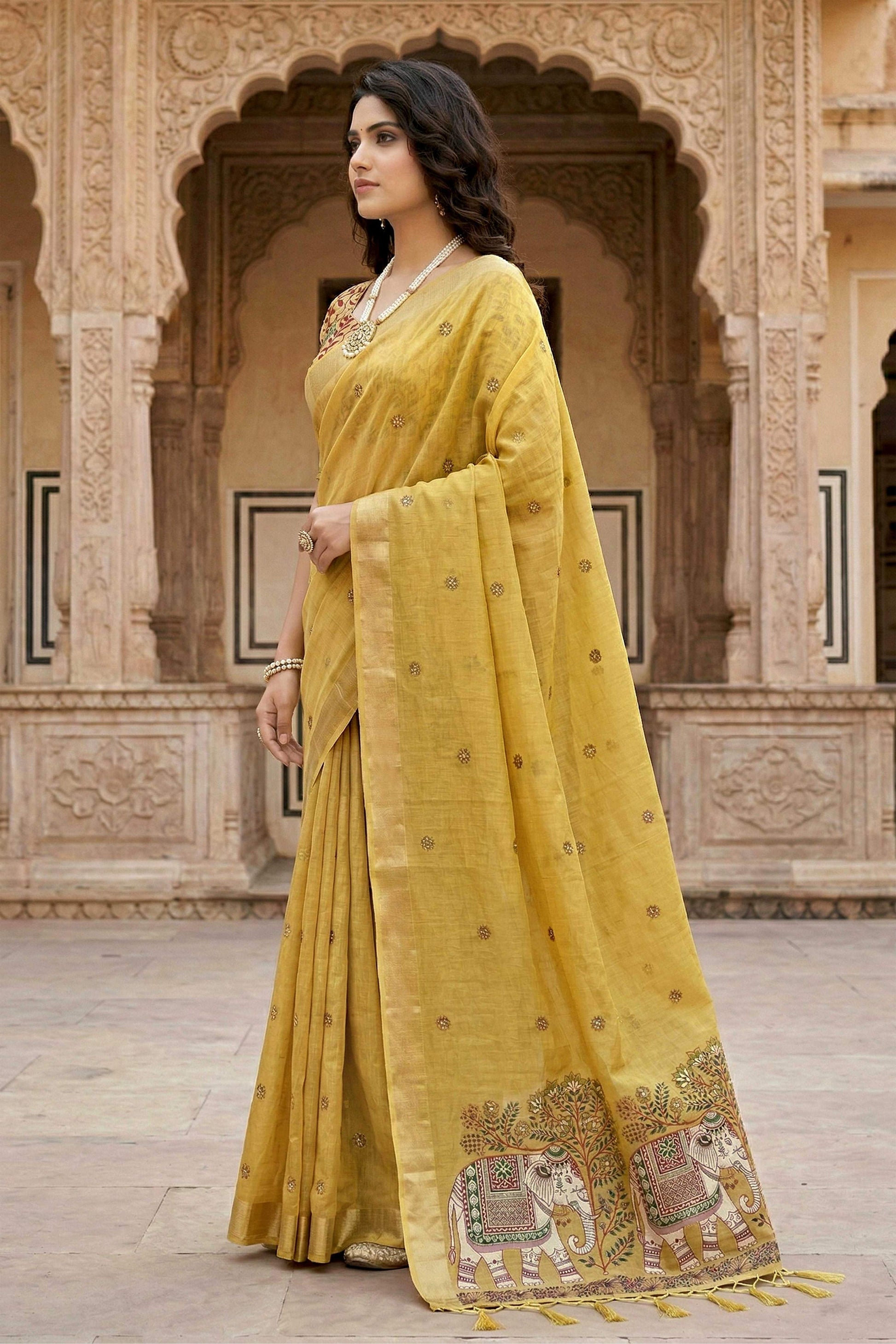 Sangam Prints Yellow Cotton Print Woven Work Traditional Saree - Dista