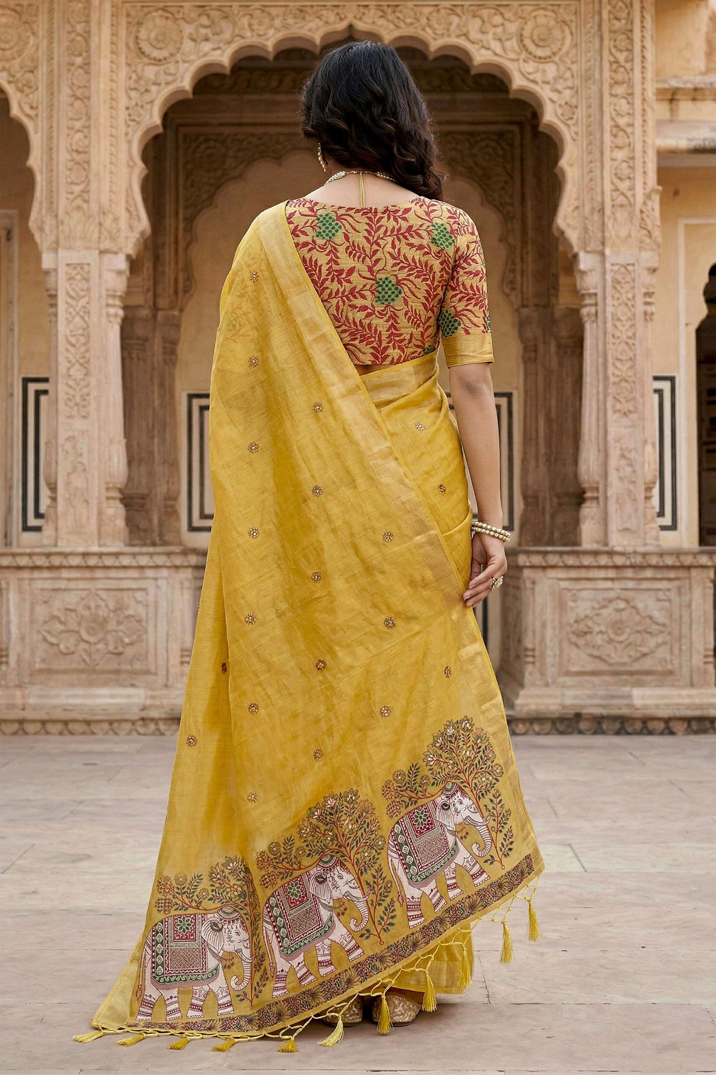 Sangam Prints Yellow Cotton Print Woven Work Traditional Saree - Dista