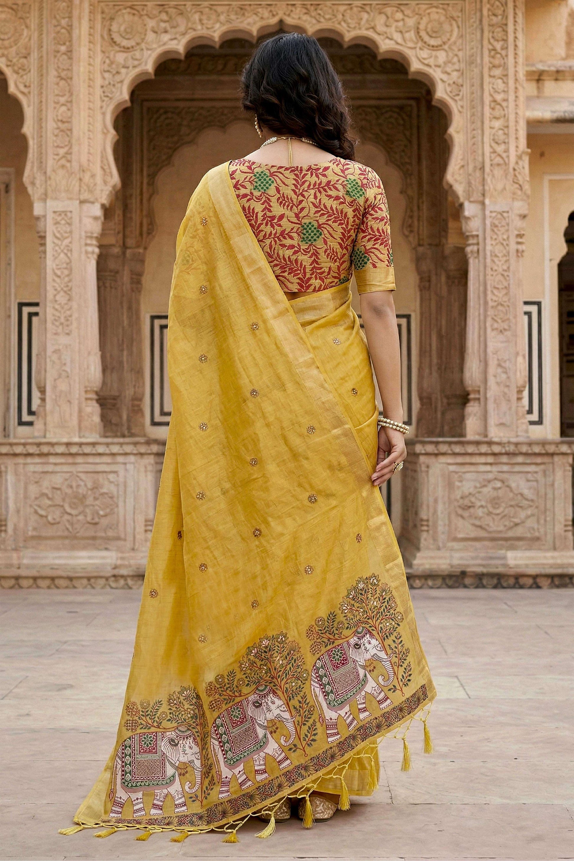 Sangam Prints Yellow Cotton Print Woven Work Traditional Saree - Dista