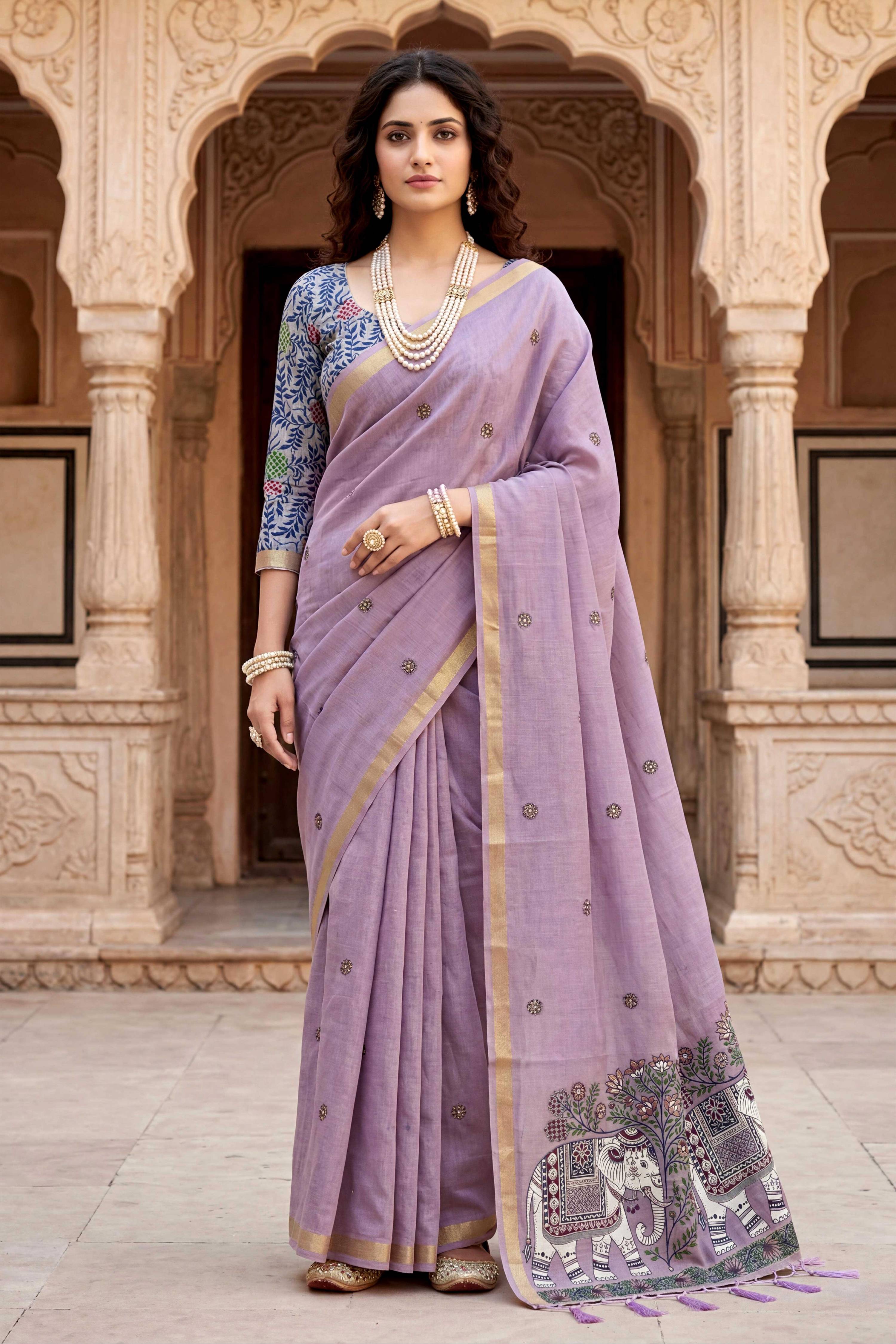 Sangam Prints Purple Cotton Print Woven Work Traditional Saree - Dista
