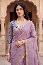 Thumbnail for Sangam Prints Purple Cotton Print Woven Work Traditional Saree - Dista