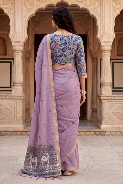 Sangam Prints Purple Cotton Print Woven Work Traditional Saree - Dista