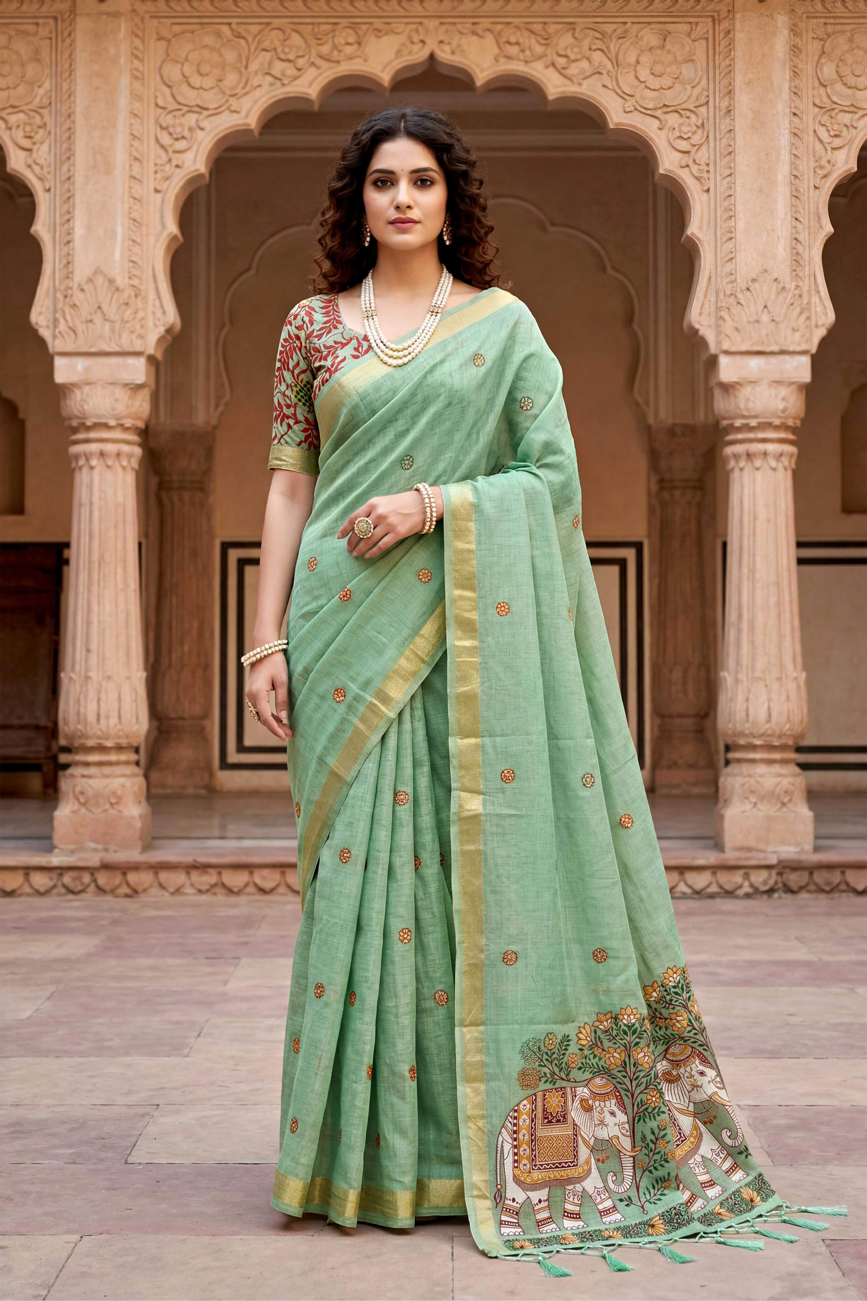 Sangam Prints Green Cotton Print Woven Work Traditional Saree - Dista