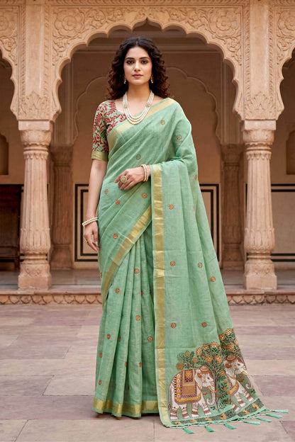 Sangam Prints Green Cotton Print Woven Work Traditional Saree - Dista