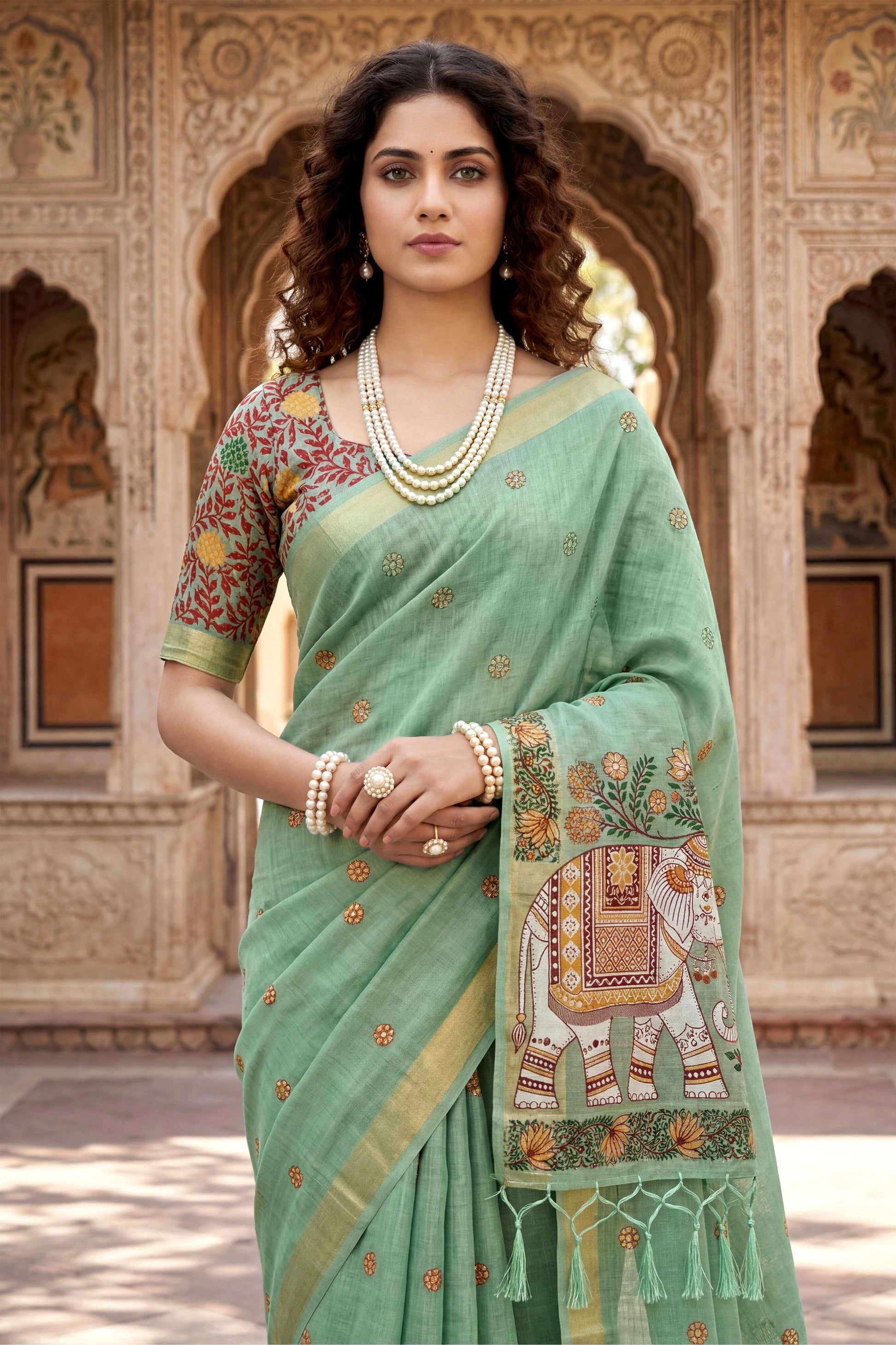Sangam Prints Green Cotton Print Woven Work Traditional Saree - Dista