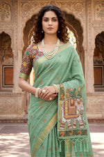 Thumbnail for Sangam Prints Green Cotton Print Woven Work Traditional Saree - Dista