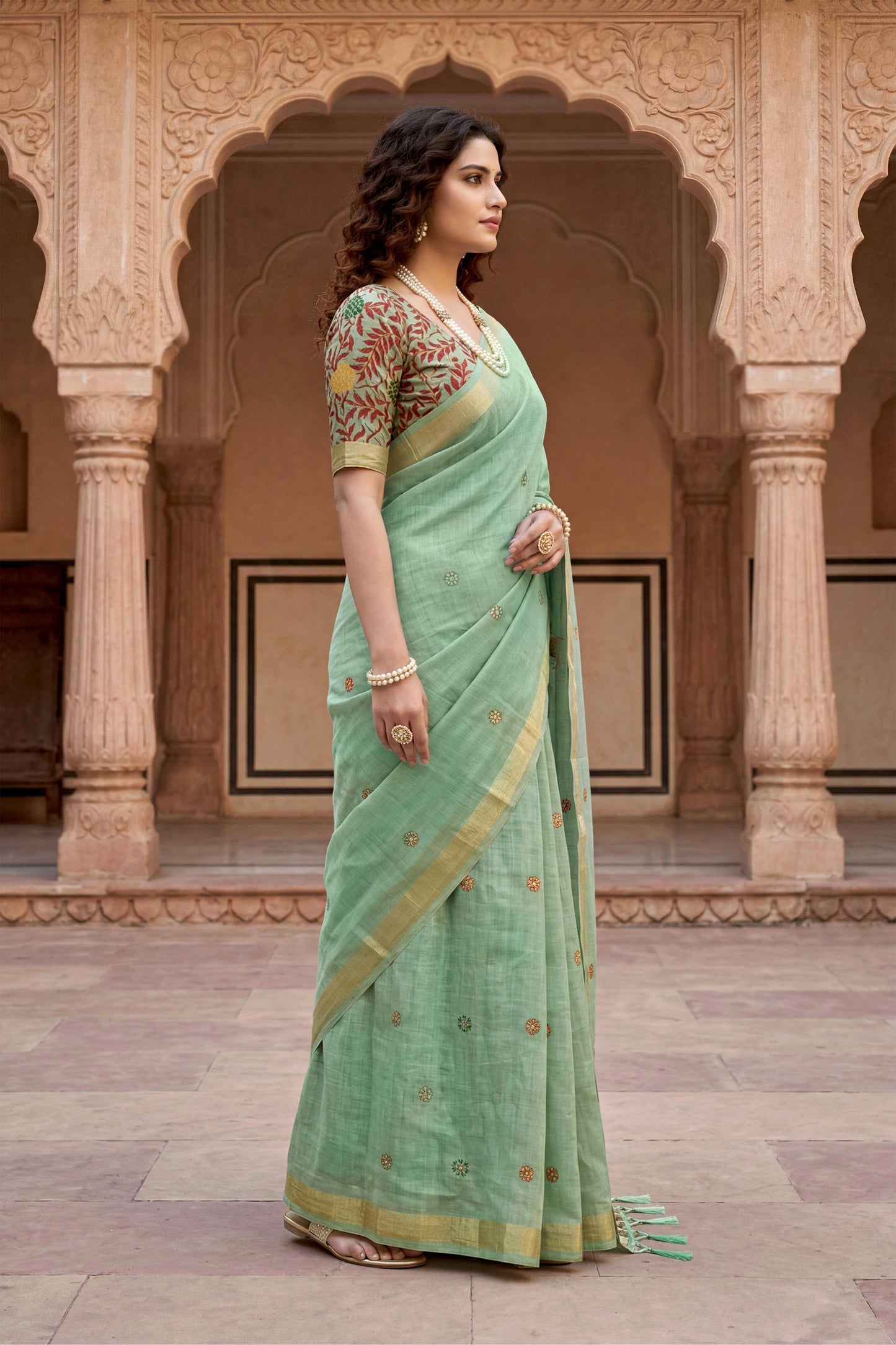 Sangam Prints Green Cotton Print Woven Work Traditional Saree - Dista