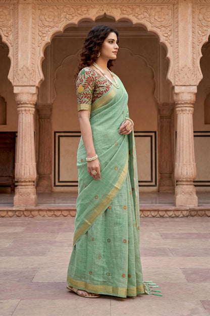 Sangam Prints Green Cotton Print Woven Work Traditional Saree - Dista