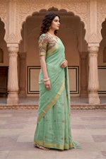 Thumbnail for Sangam Prints Green Cotton Print Woven Work Traditional Saree - Dista