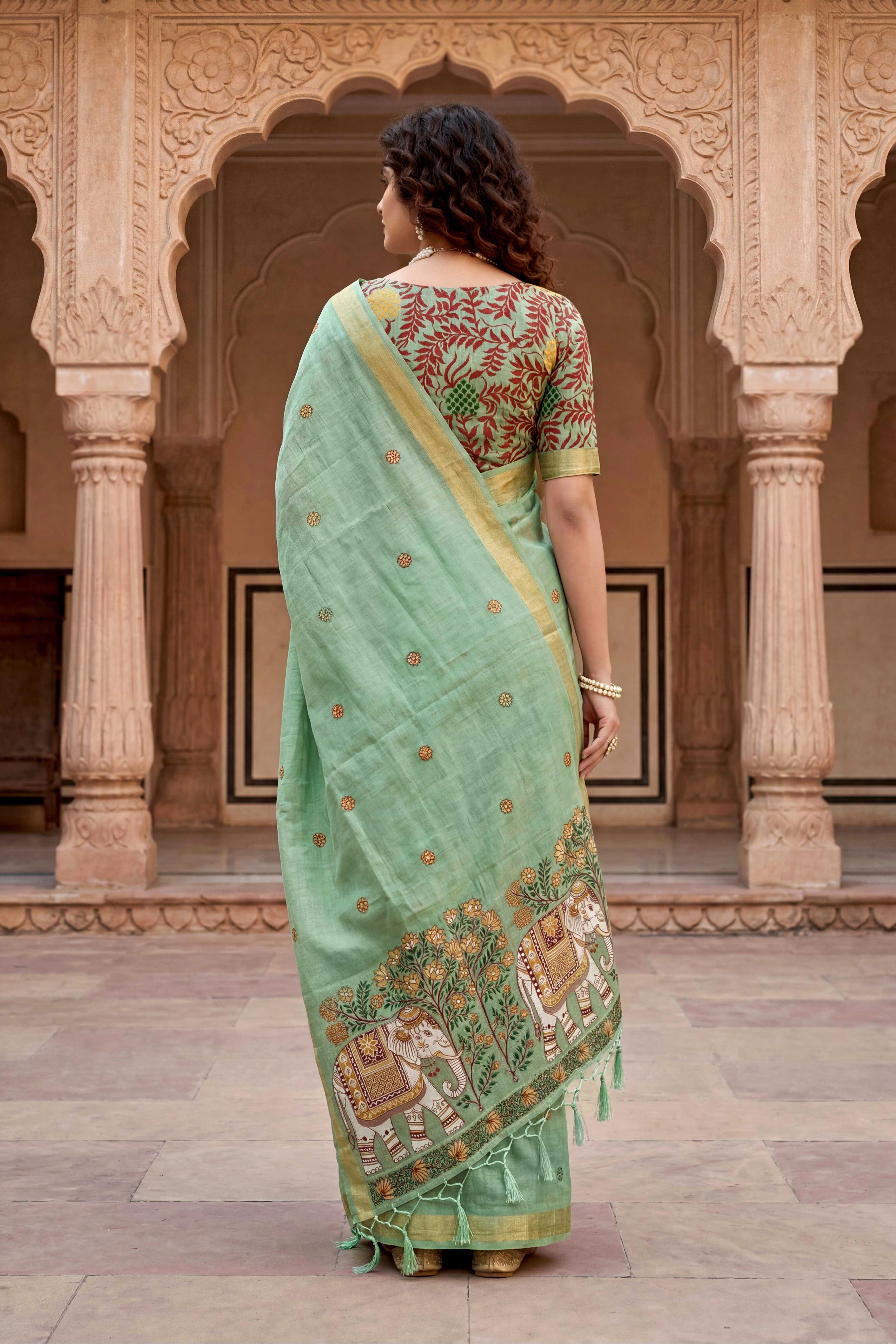 Sangam Prints Green Cotton Print Woven Work Traditional Saree - Dista