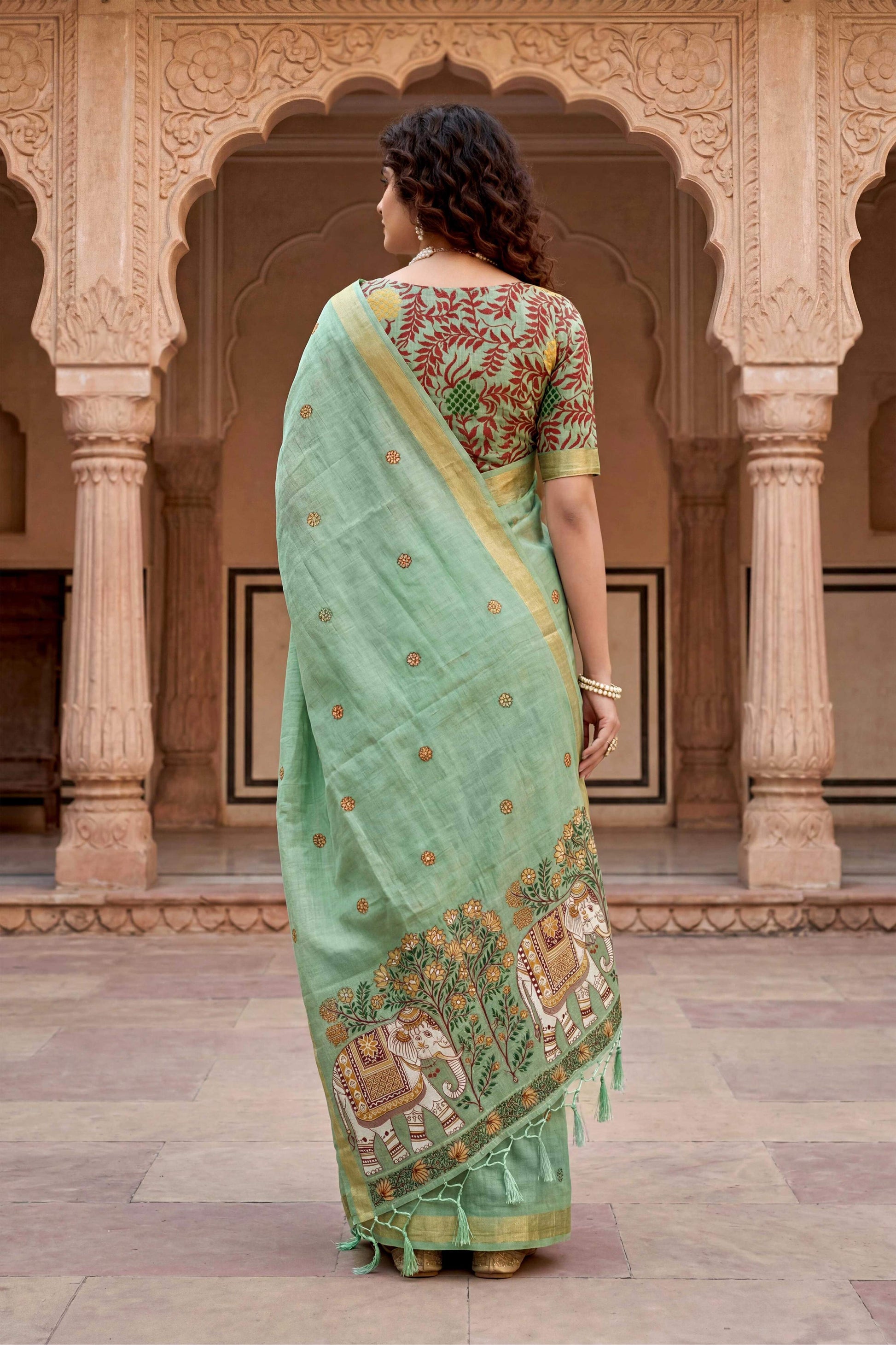 Sangam Prints Green Cotton Print Woven Work Traditional Saree - Dista