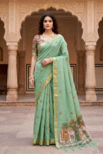 Thumbnail for Sangam Prints Green Cotton Print Woven Work Traditional Saree - Dista