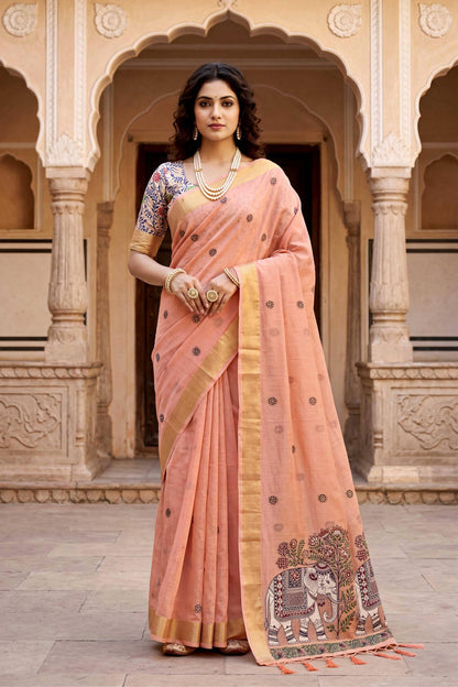 Sangam Prints Peach Cotton Print Woven Work Traditional Saree - Dista