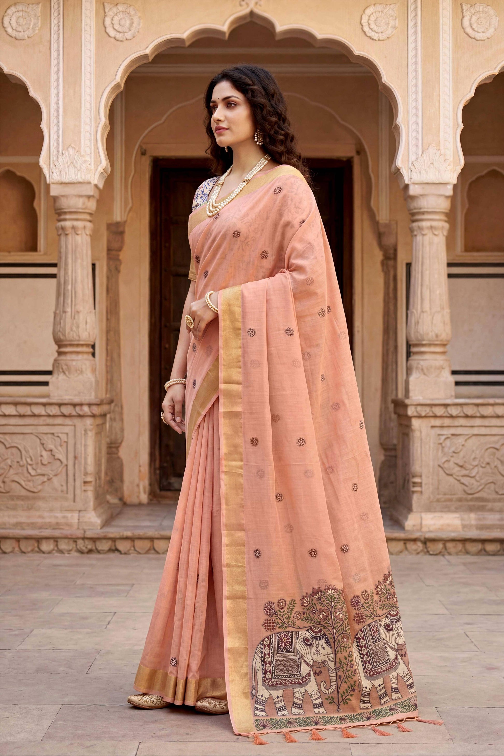 Sangam Prints Peach Cotton Print Woven Work Traditional Saree - Dista