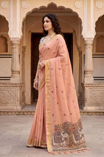 Thumbnail for Sangam Prints Peach Cotton Print Woven Work Traditional Saree - Dista
