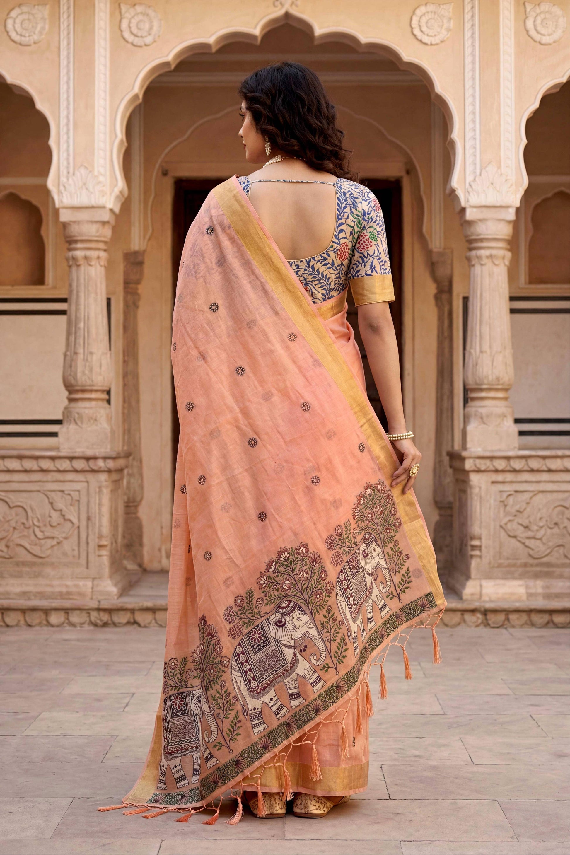 Sangam Prints Peach Cotton Print Woven Work Traditional Saree - Dista
