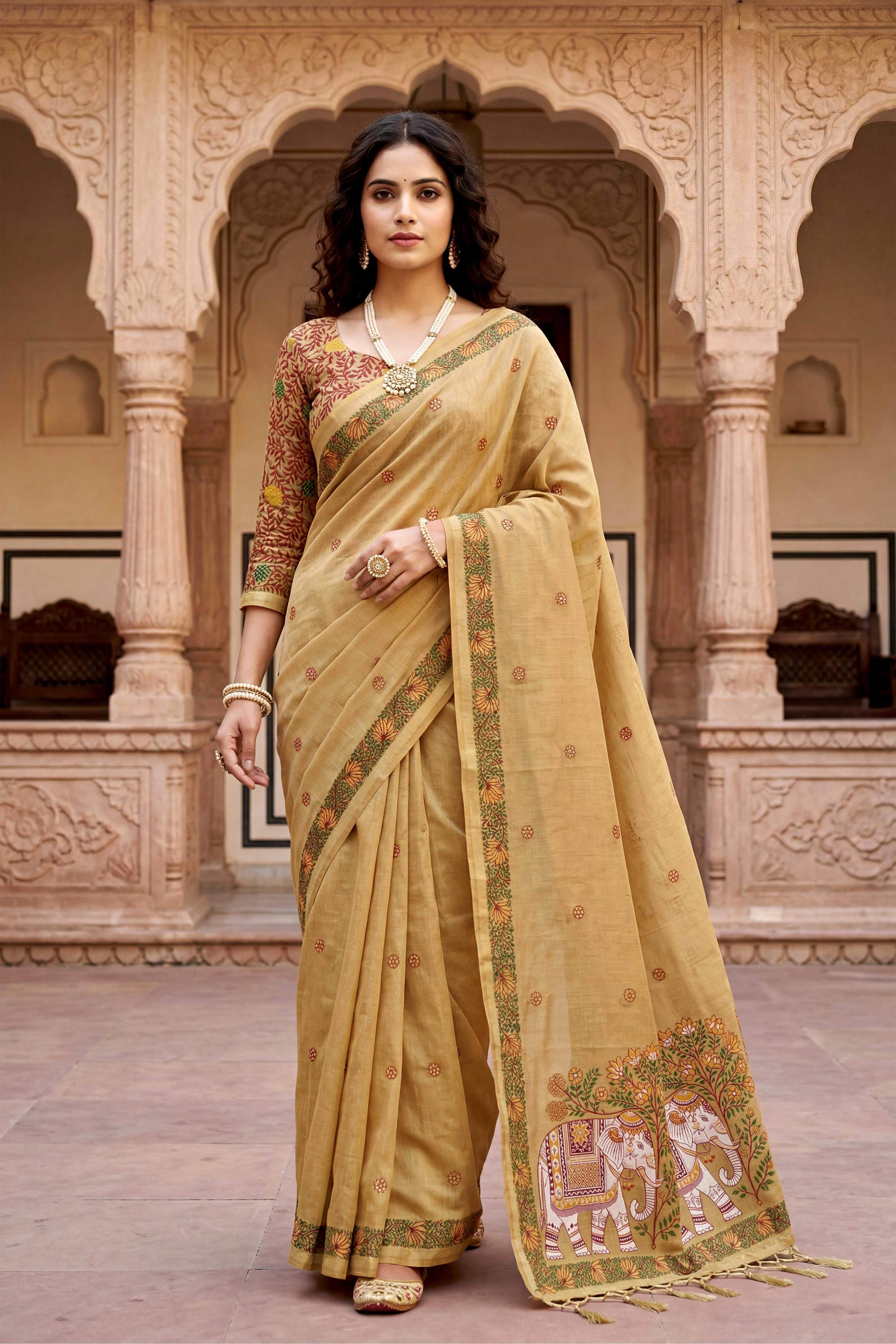 Sangam Prints Beige Cotton Print Woven Work Traditional Saree - Dista