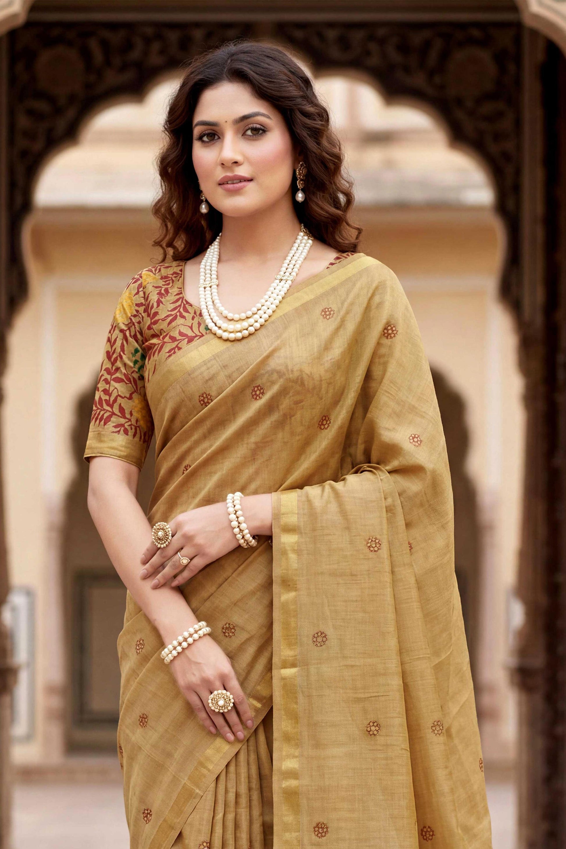 Sangam Prints Beige Cotton Print Woven Work Traditional Saree - Dista