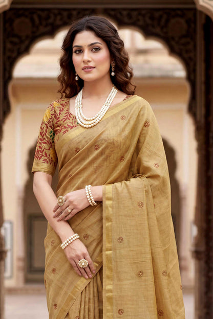 Sangam Prints Beige Cotton Print Woven Work Traditional Saree - Dista