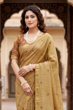 Thumbnail for Sangam Prints Beige Cotton Print Woven Work Traditional Saree - Dista