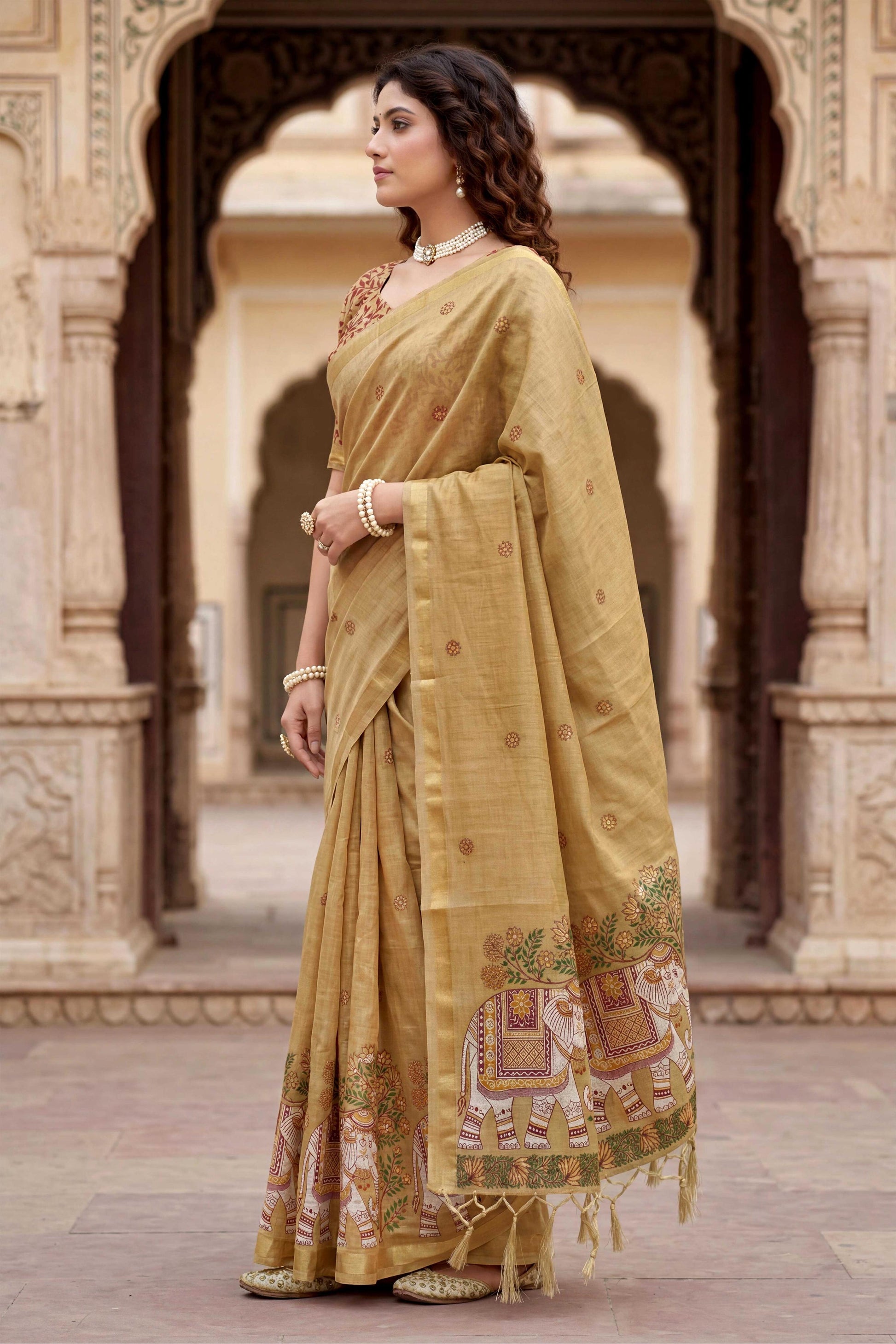 Sangam Prints Beige Cotton Print Woven Work Traditional Saree - Dista
