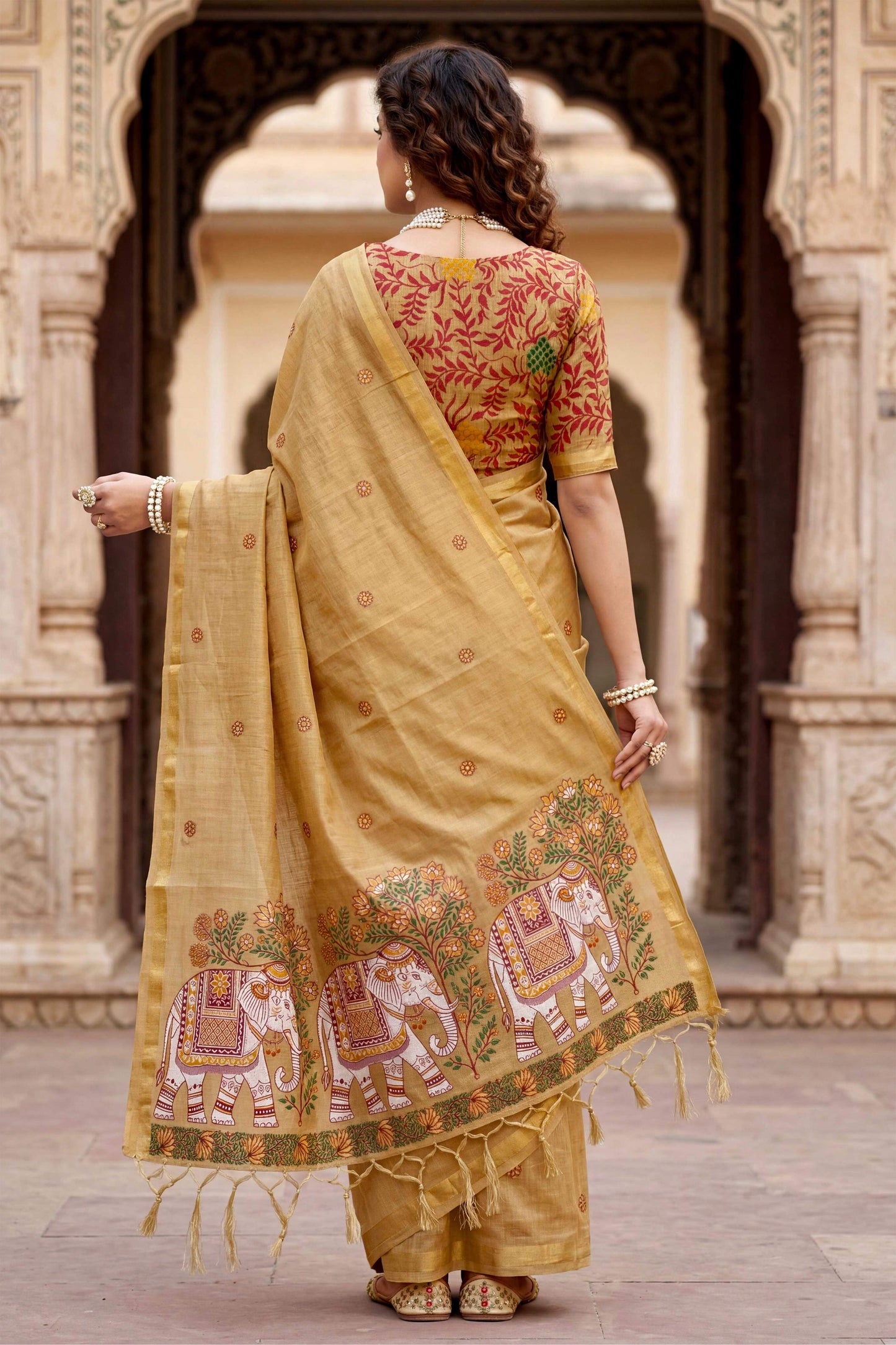 Sangam Prints Beige Cotton Print Woven Work Traditional Saree - Dista