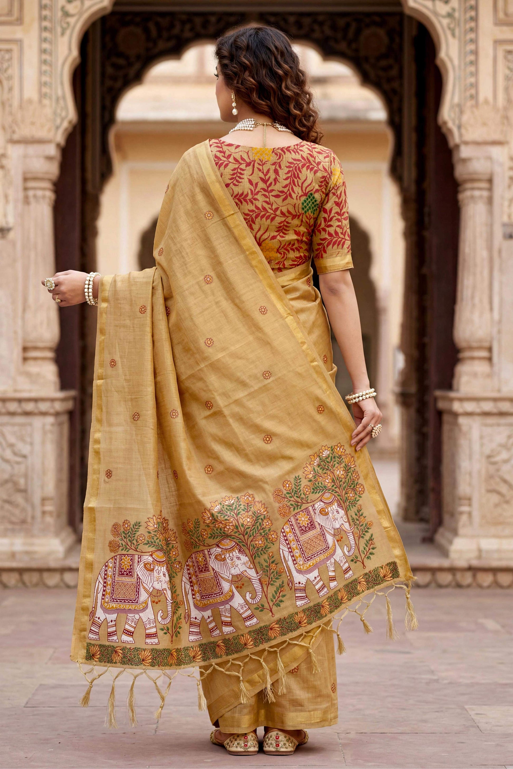Sangam Prints Beige Cotton Print Woven Work Traditional Saree - Dista