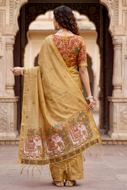 Sangam Prints Beige Cotton Print Woven Work Traditional Saree - Dista