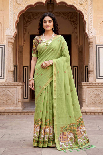 Sangam Prints Green Cotton Print Woven Work Traditional Saree - Dista