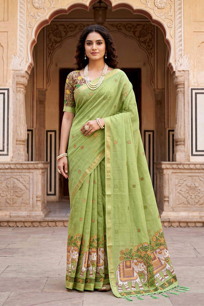 Sangam Prints Green Cotton Print Woven Work Traditional Saree - Dista
