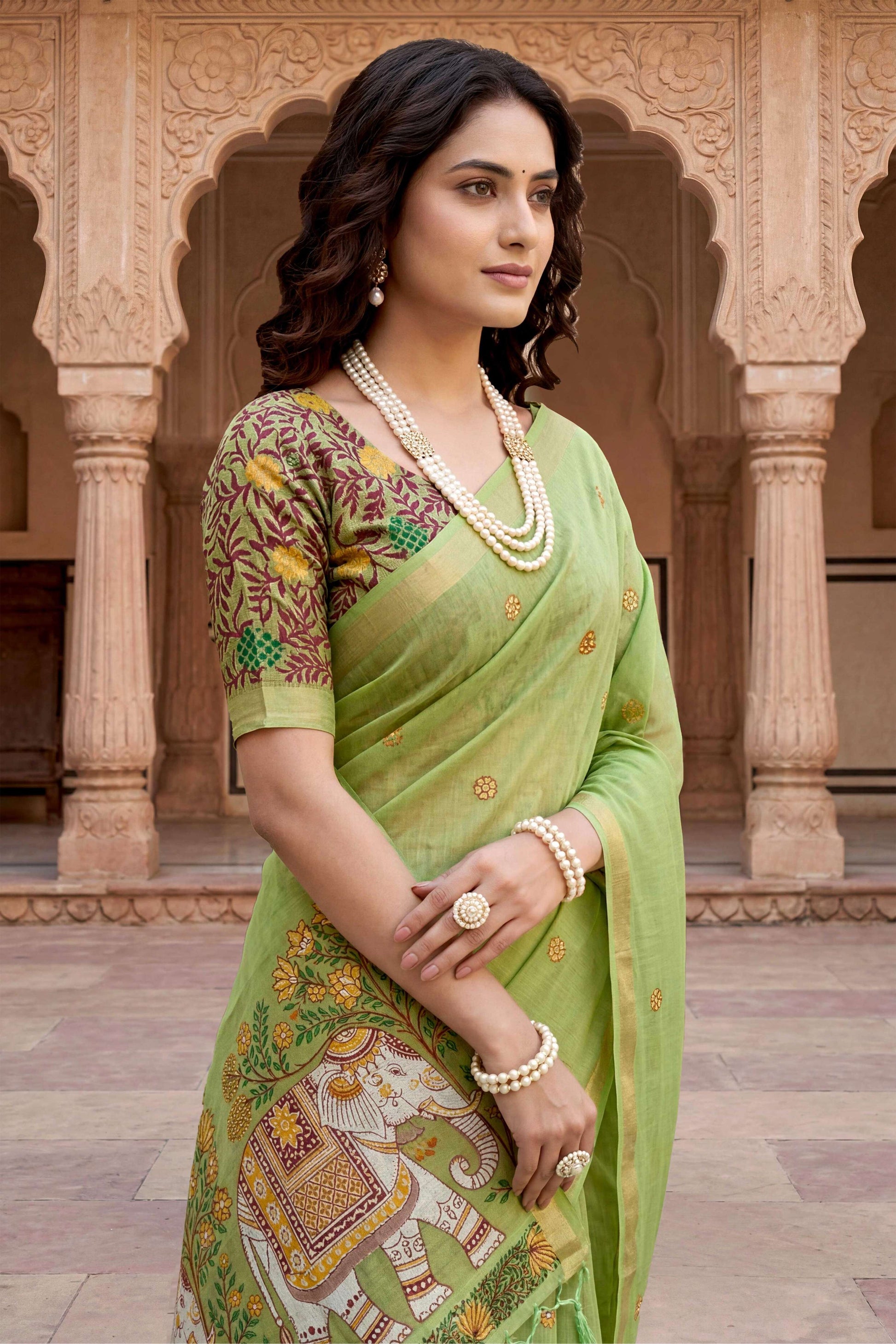 Sangam Prints Green Cotton Print Woven Work Traditional Saree - Dista