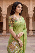 Thumbnail for Sangam Prints Green Cotton Print Woven Work Traditional Saree - Dista