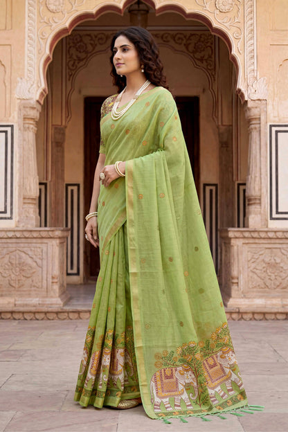 Sangam Prints Green Cotton Print Woven Work Traditional Saree - Dista