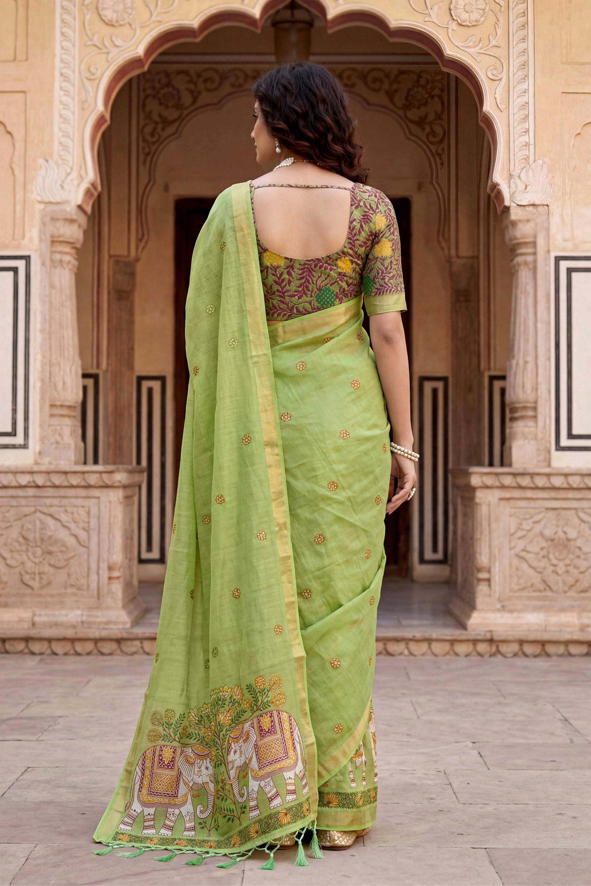 Sangam Prints Green Cotton Print Woven Work Traditional Saree - Dista