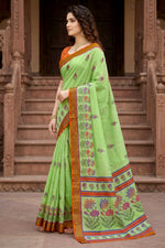 Thumbnail for Sangam Prints Parrot Green Cotton Print Woven Work Traditional Saree - Dista