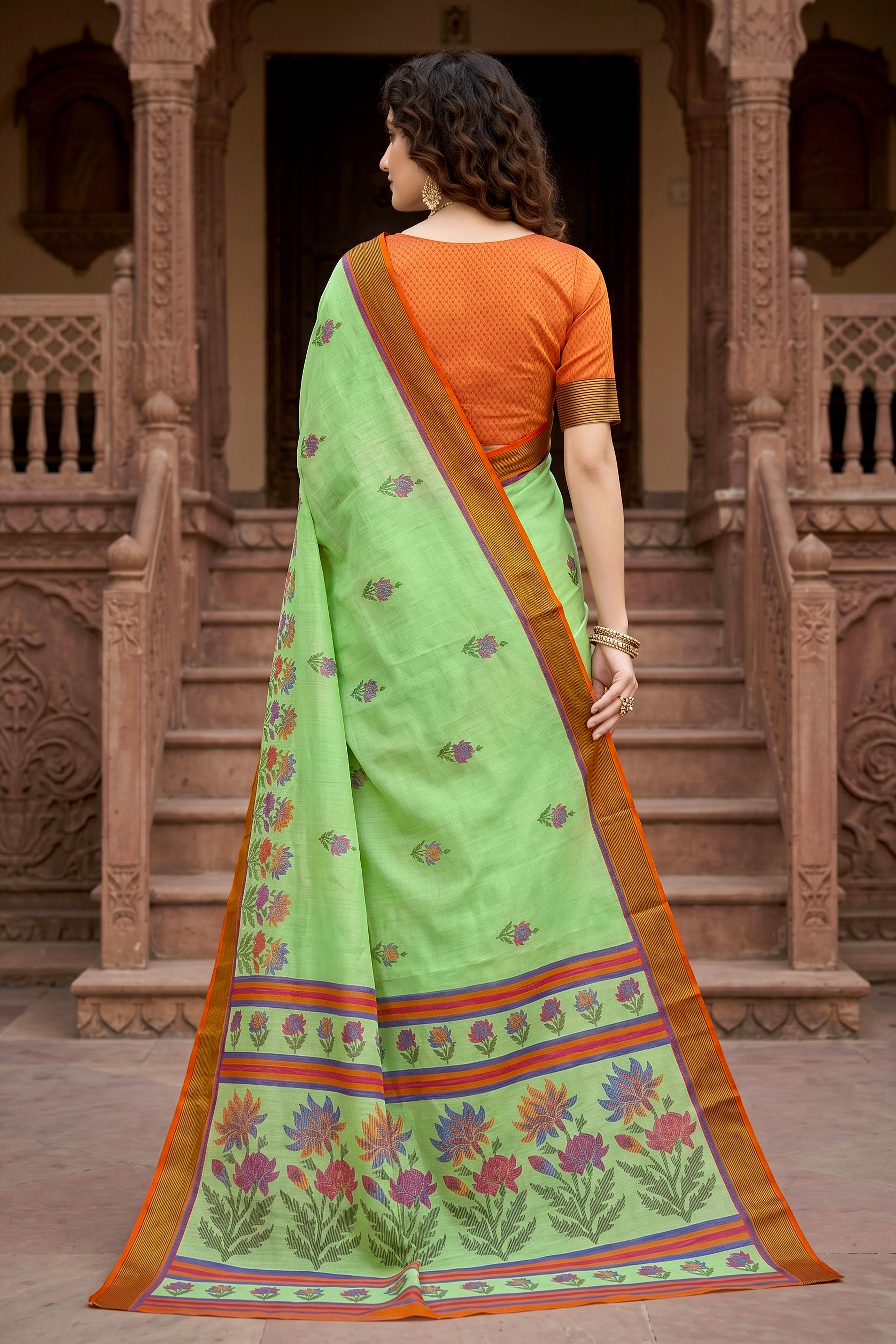 Sangam Prints Parrot Green Cotton Print Woven Work Traditional Saree - Dista
